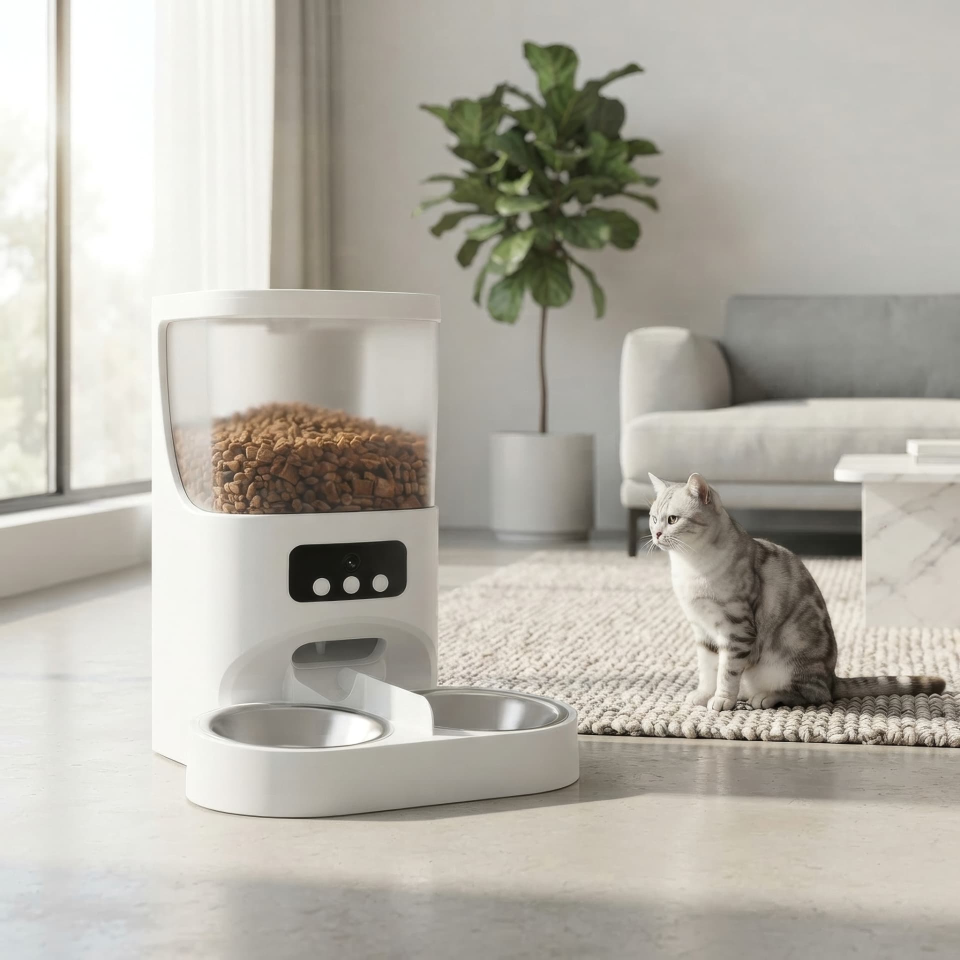 The Sentinel 5G feeder in a bright minimalist living room beside a waiting cat