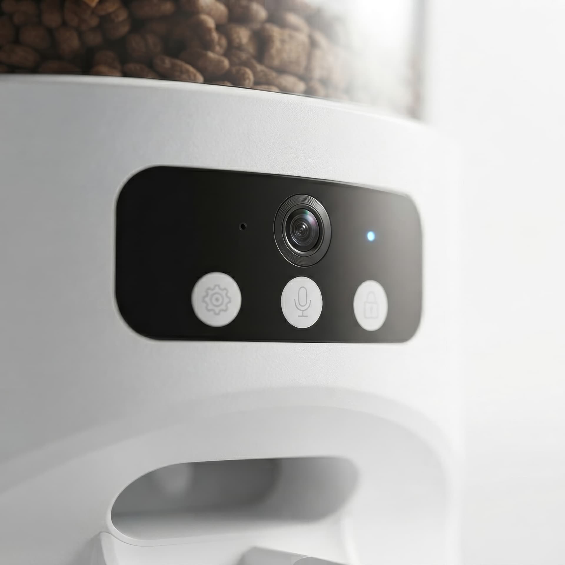 Macro detail of the Sentinel 5G camera lens, microphone and control buttons