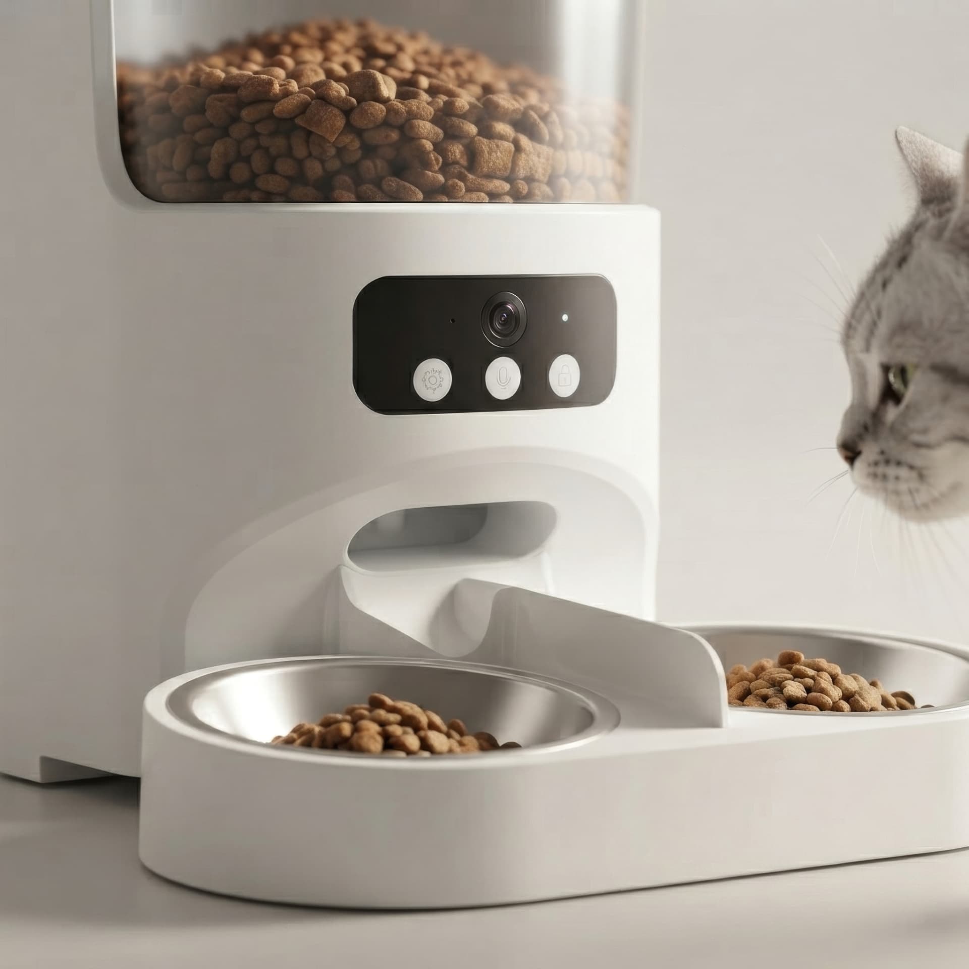 A silver tabby cat looking toward the Sentinel 5G feeder